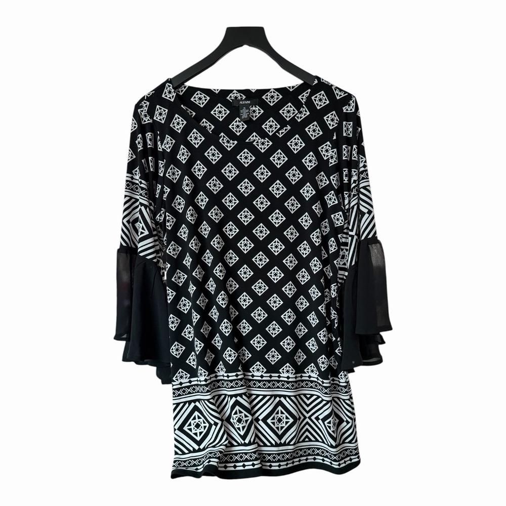 Alfani Women Medium Black White Geometric Bell Sleeve Tunic Blouse Career Top